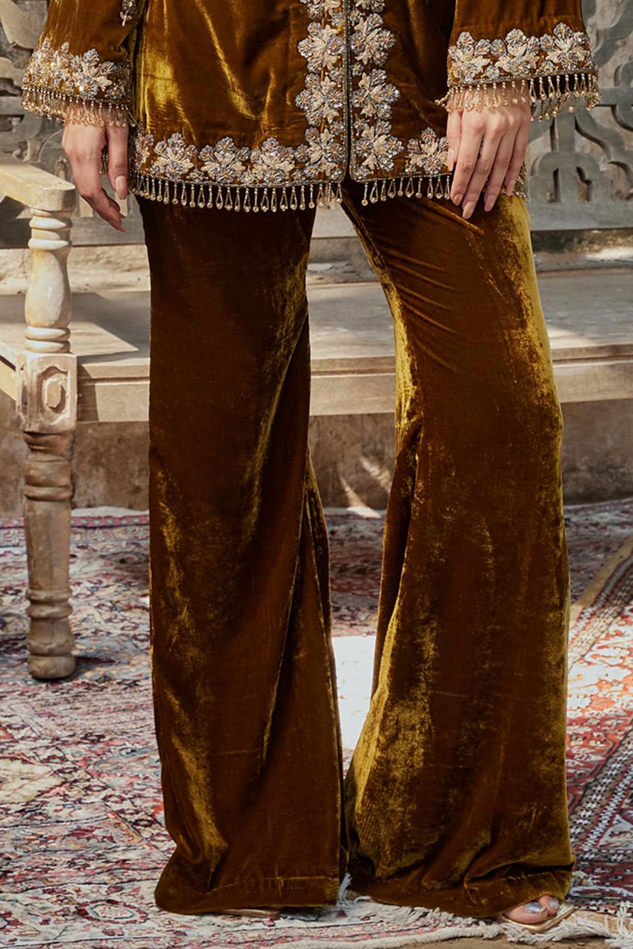 Mustard Velvet Embroidered Jacket Set by SHALKII at Pernia's