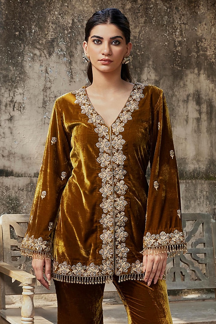 Mustard Velvet Embroidered Jacket Set by SHALKII at Pernia's Pop Up Shop