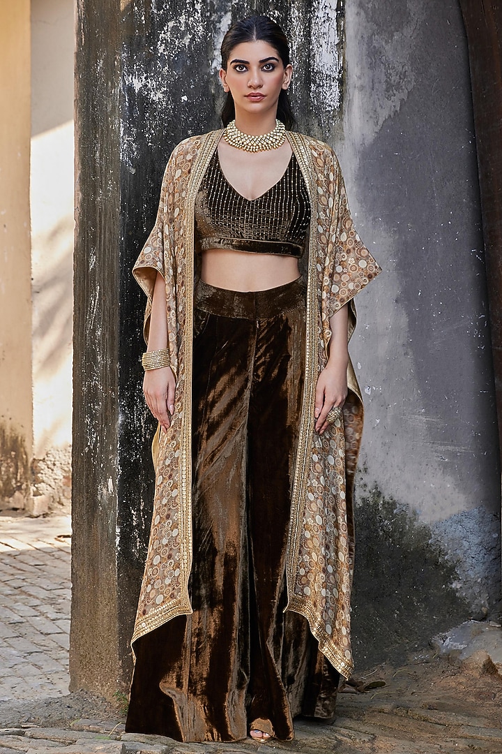 Deep Brown Pure Silk Velvet Flared Pant Set by SHALKII at Pernia's Pop Up Shop