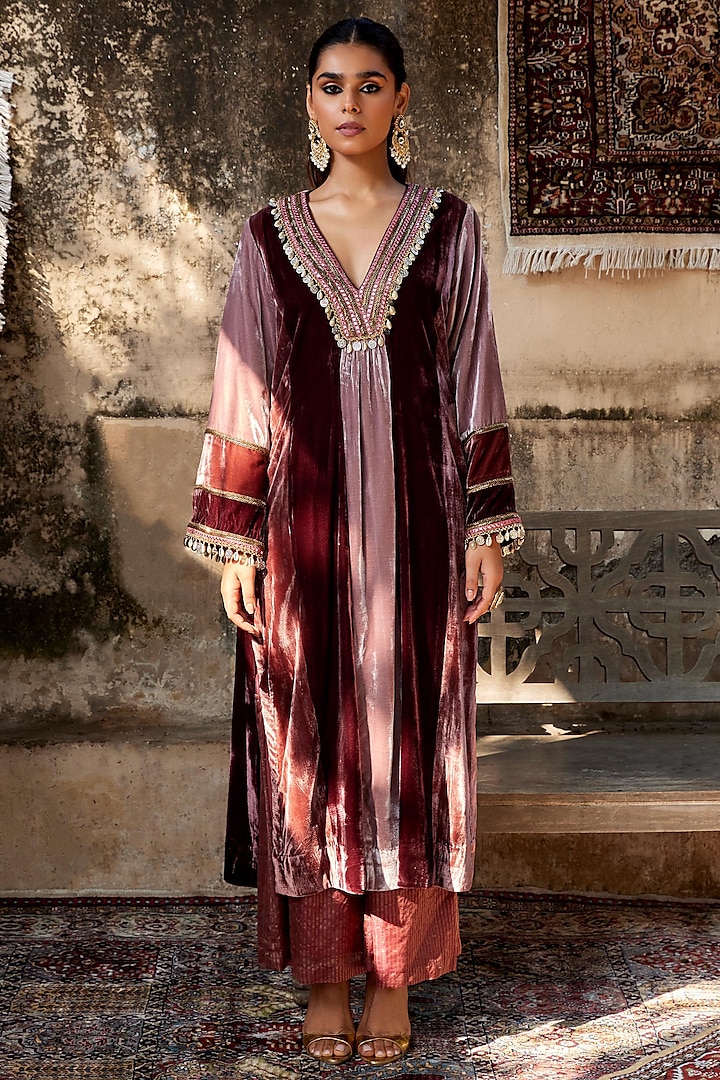 Maroon Silk Velvet Embroidered Kalidar Kurta Set by SHALKII