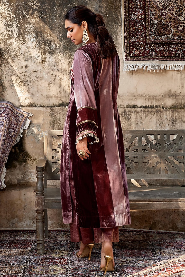 Maroon Silk Velvet Embroidered Kalidar Kurta Set by SHALKII at Pernia's Pop Up Shop