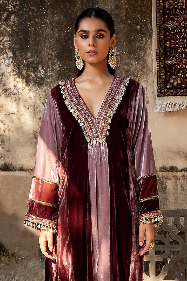 Maroon Silk Velvet Embroidered Kalidar Kurta Set by SHALKII at Pernia's Pop Up Shop
