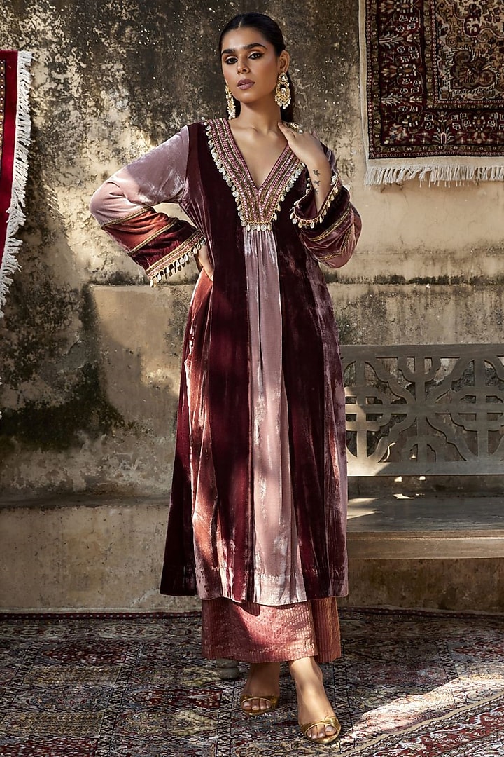 Maroon Silk Velvet Embroidered Kalidar Kurta Set by SHALKII at Pernia's Pop Up Shop