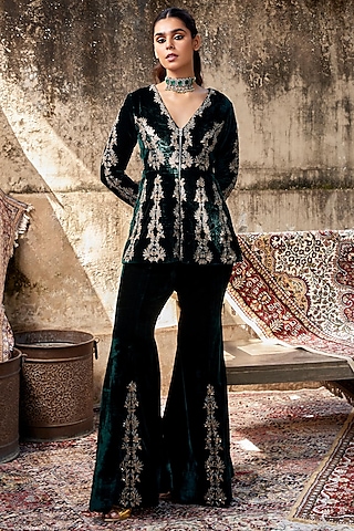 Green Velvet Embroidered Jacket Set by SHALKII