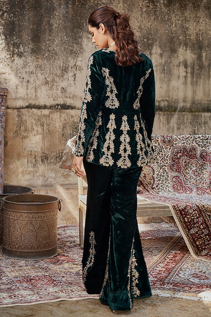 Green Velvet Embroidered Jacket Set by SHALKII at Pernia's Pop Up Shop