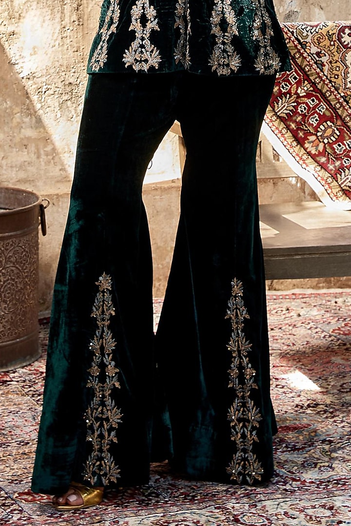 Green Velvet Embroidered Jacket Set by SHALKII at Pernia's Pop Up Shop