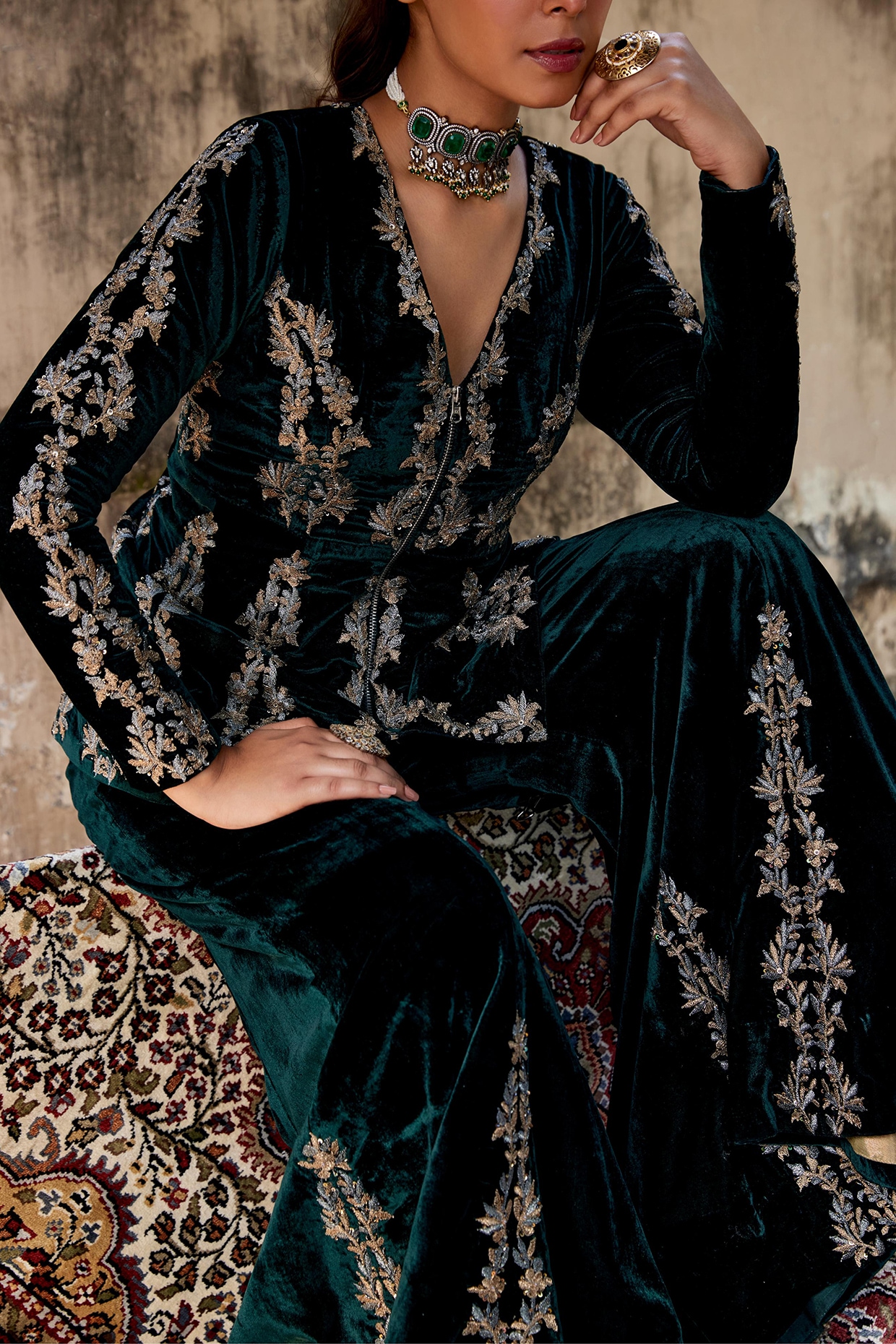 TODAYFUL【美品】Embroidery Velour Jacket Green Velvet Embroidered Jacket Set by SHALKII at Pernia's