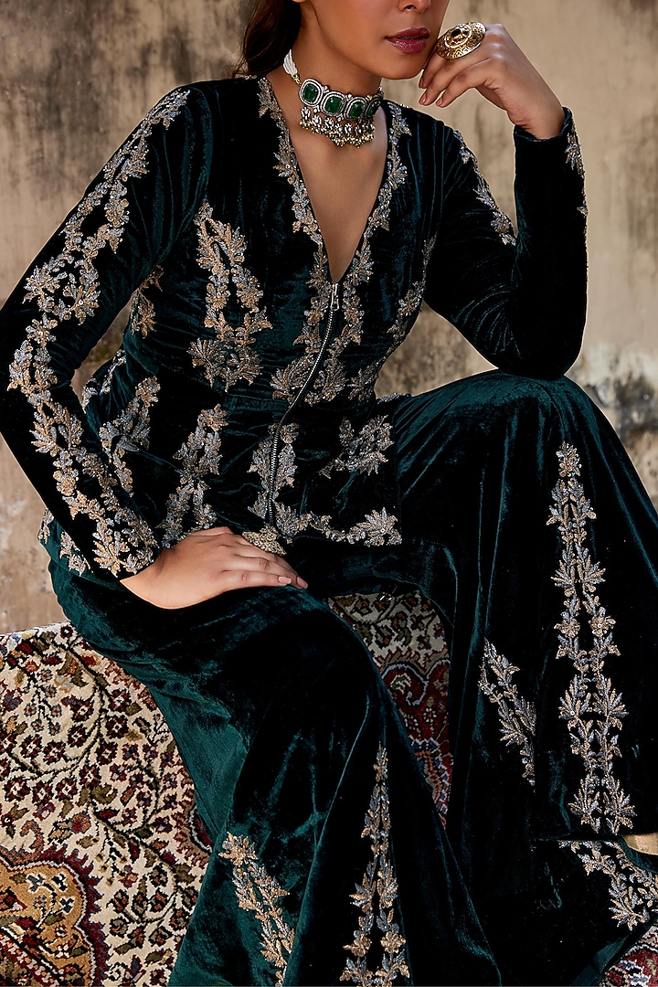 Green Velvet Embroidered Jacket Set by SHALKII at Pernia's Pop Up Shop