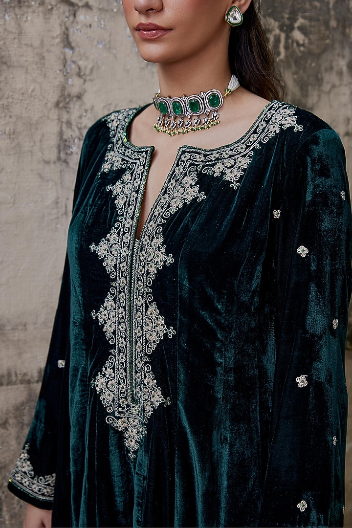 Green Pure Silk Velvet Kalidar Kurta Set by SHALKII at Pernia's Pop Up Shop