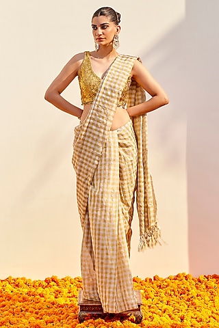  Antique Gold & Grey Silver Pure Handwoven Tissue Zari Checkered Saree Set   by SHALKII