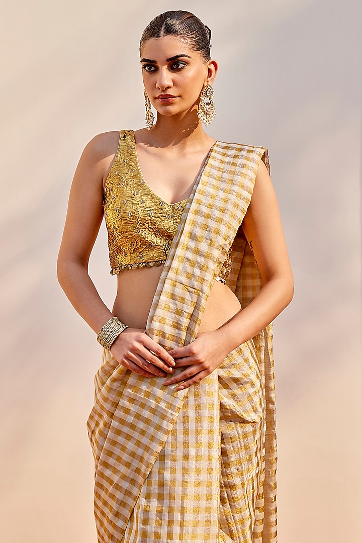  Antique Gold & Grey Silver Pure Handwoven Tissue Zari Checkered Wedding Saree Set   by SHALKII at Pernia's Pop Up Shop