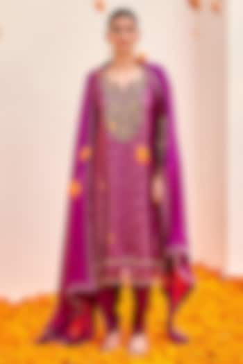 Purple Pure Chanderi Banarasi Cutdana Embroidered Kurta Set by SHALKII at Pernia's Pop Up Shop