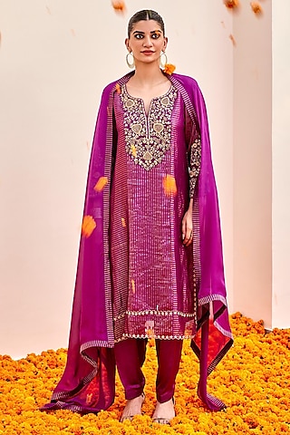 Purple Pure Chanderi Banarasi Cutdana Embroidered Kurta Set by SHALKII