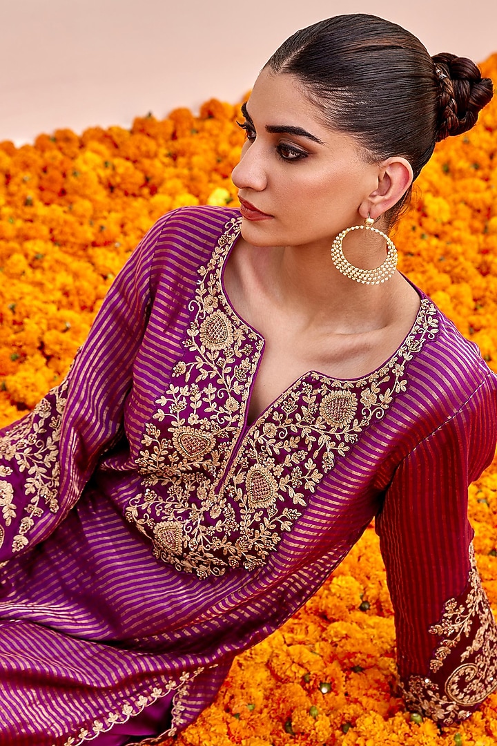 Purple Pure Chanderi Banarasi Cutdana Embroidered Kurta Set by SHALKII at Pernia's Pop Up Shop