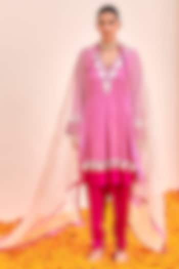 Pink Pure Silk Leheriya Short Kalidar Kurta Set by SHALKII at Pernia's Pop Up Shop