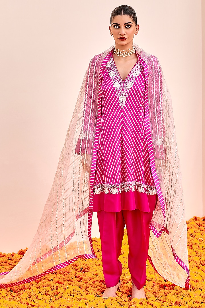 Pink Pure Silk Leheriya Short Kalidar Kurta Set by SHALKII at Pernia's Pop Up Shop