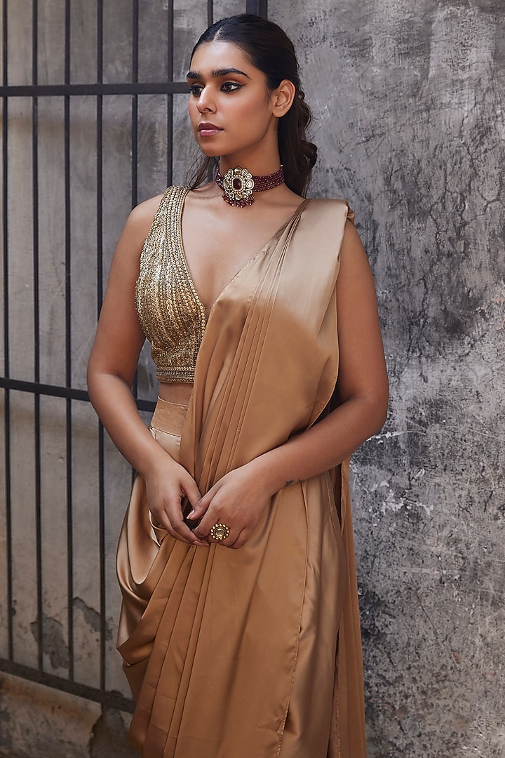 Gold Armani Satin Draped Pant Wedding Saree Set by SHALKII at Pernia's Pop Up Shop 2026 Gold Armani Satin Draped Pant Wedding Saree Set by SHALKII at Pernia's Pop Up Shop 2026