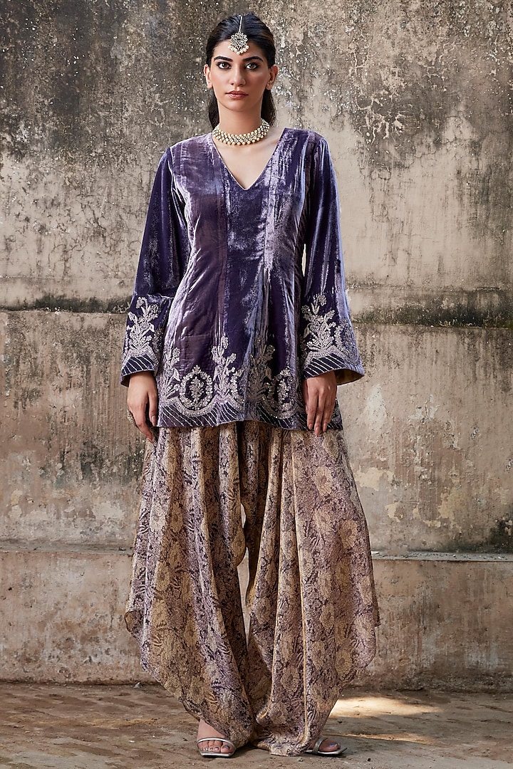 Purple Pure Silk Velvet Hand & Machine Embroidered Peplum Kurta Set by SHALKII at Pernia's Pop Up Shop