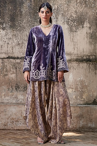 Purple Pure Silk Velvet Hand & Machine Embroidered Peplum Kurta Set by SHALKII