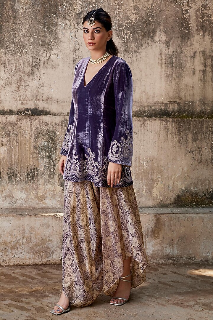 Purple Pure Silk Velvet Hand & Machine Embroidered Peplum Kurta Set by SHALKII at Pernia's Pop Up Shop