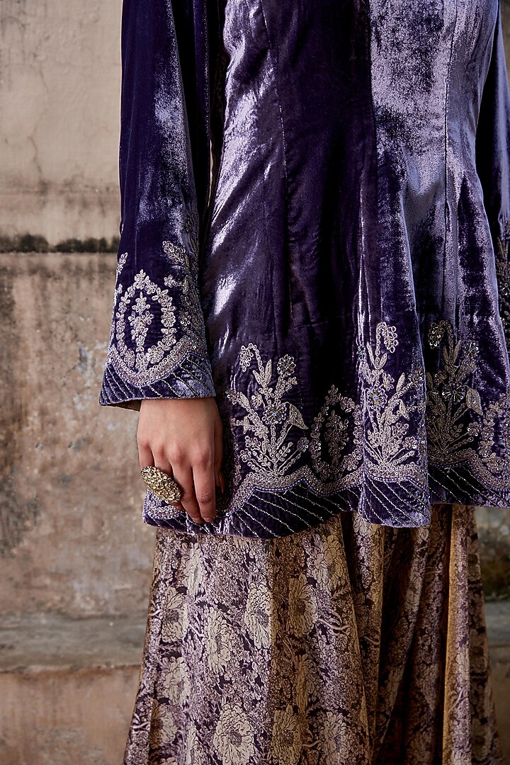 Purple Pure Silk Velvet Hand & Machine Embroidered Peplum Kurta Set by SHALKII at Pernia's Pop Up Shop
