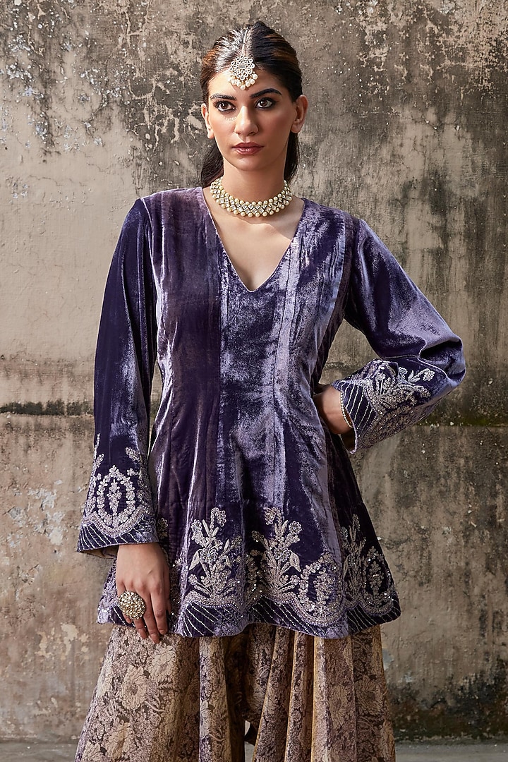 Purple Pure Silk Velvet Hand & Machine Embroidered Peplum Kurta Set by SHALKII at Pernia's Pop Up Shop