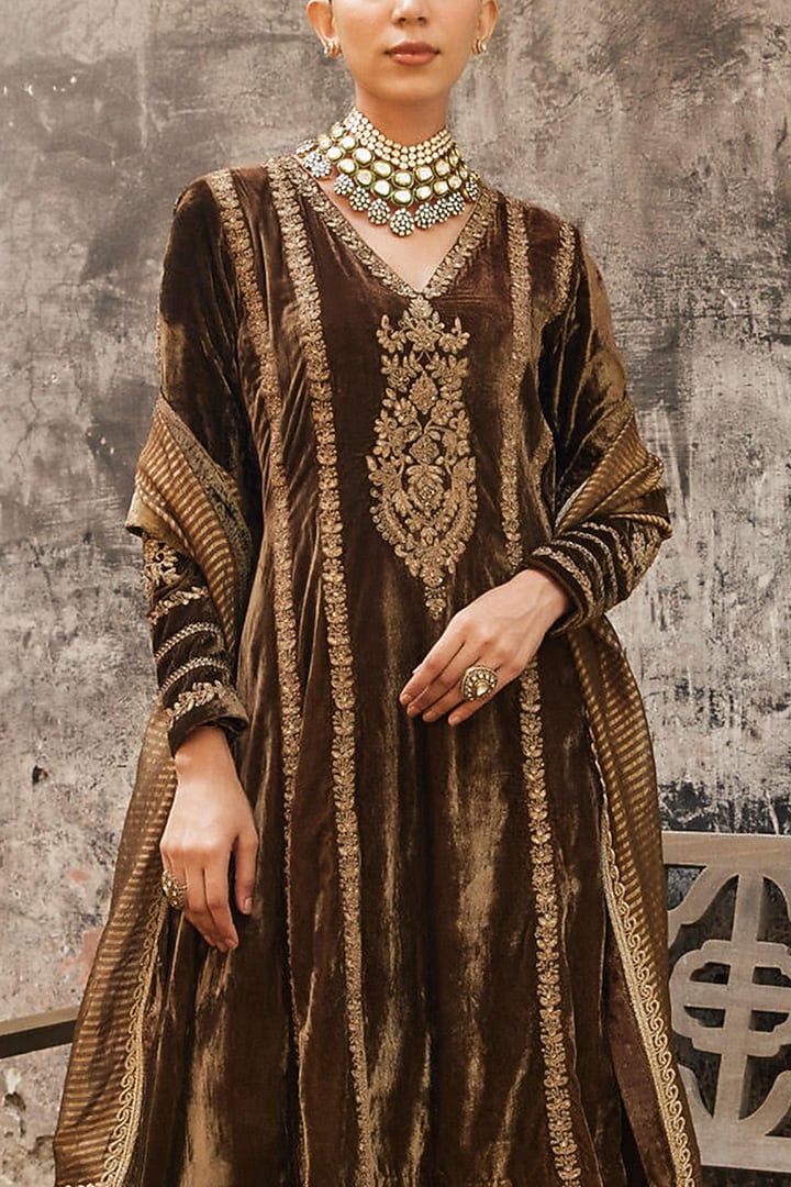 Mustard Yellow Pure Silk Velvet Zardosi Embroidered Kalidar Kurta Set by SHALKII at Pernia's Pop Up Shop