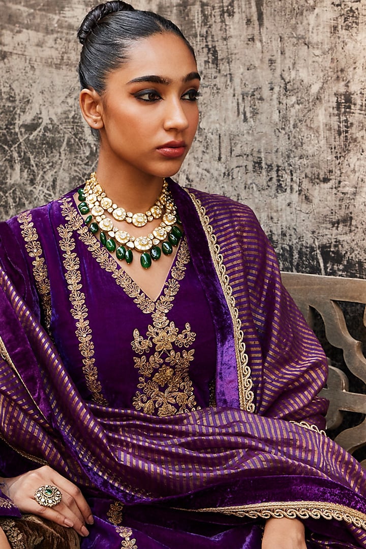 Purple Pure Silk Velvet Zardosi Embroidered Kalidar Kurta Set by SHALKII at Pernia's Pop Up Shop