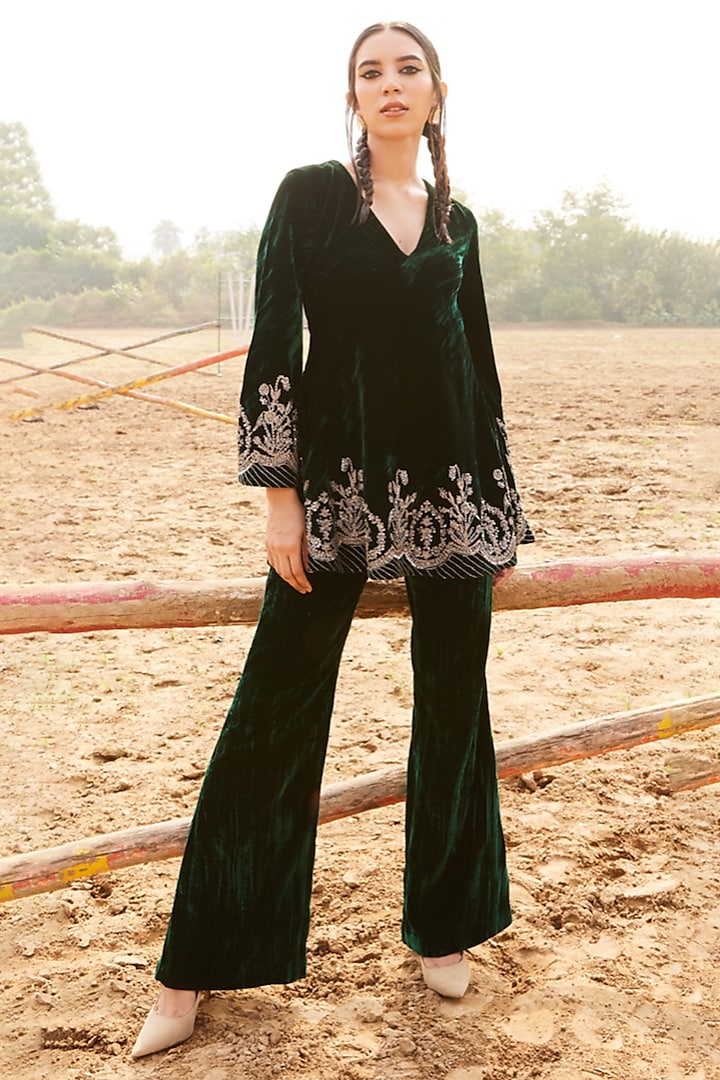 Bottle Green Pure Silk Velvet Hand & Machine Embroidered Kurta Set by SHALKII at Pernia's Pop Up Shop