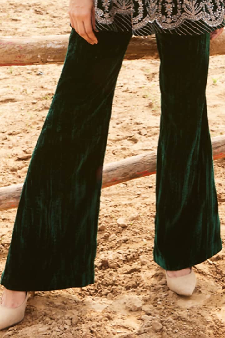 Bottle Green Pure Silk Velvet Hand & Machine Embroidered Kurta Set by SHALKII at Pernia's Pop Up Shop