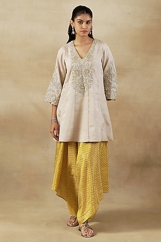 Ivory Pure Handwoven Tissue Zari Fabric Embroidered Kurta Set by SHALKII