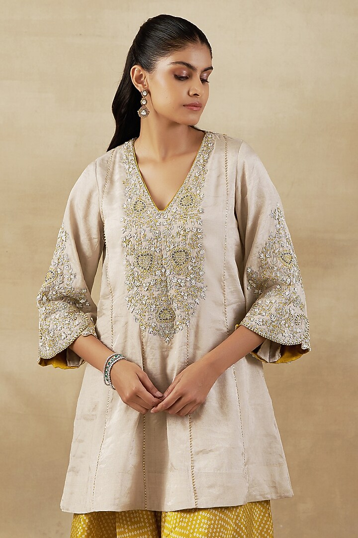 Ivory Pure Handwoven Tissue Zari Fabric Embroidered Kurta Set by SHALKII at Pernia's Pop Up Shop
