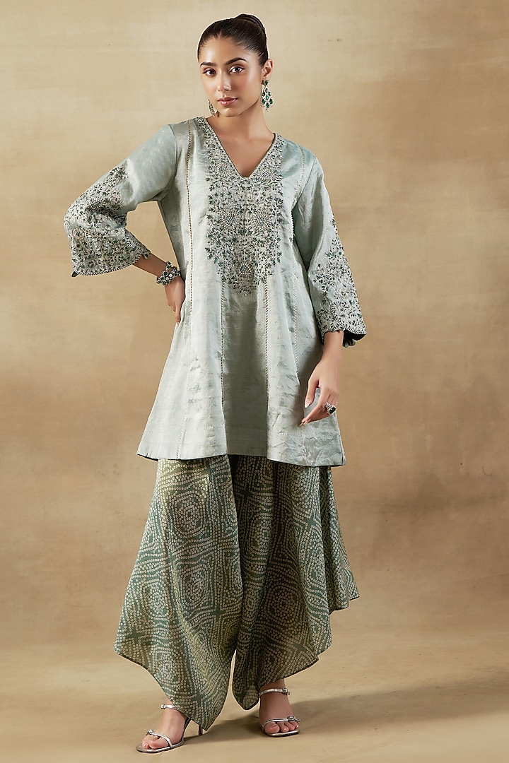 Green Pure Handwoven Tissue Zari Fabric Embroidered Kurta Set by SHALKII at Pernia's Pop Up Shop