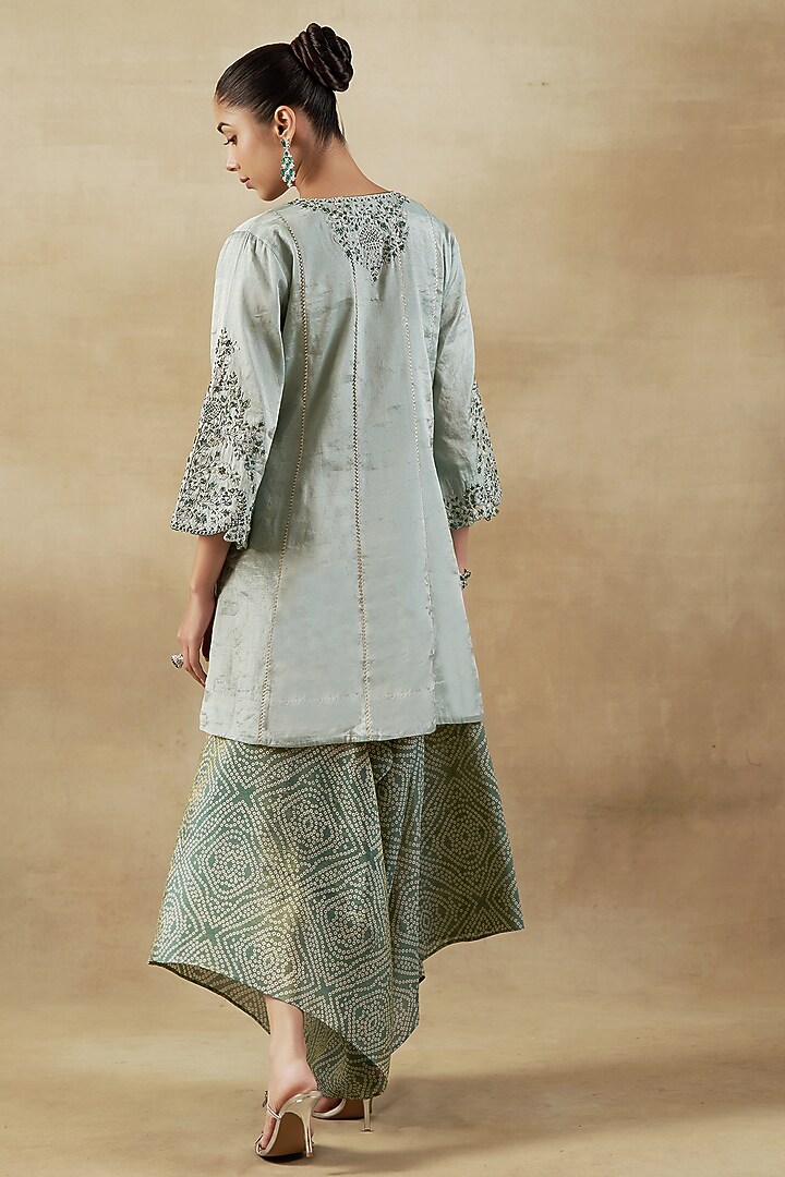 Green Pure Handwoven Tissue Zari Fabric Embroidered Kurta Set by SHALKII at Pernia's Pop Up Shop