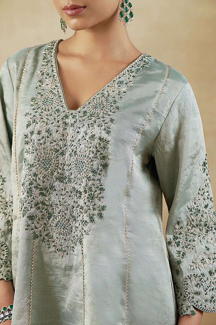 Green Pure Handwoven Tissue Zari Fabric Embroidered Kurta Set by SHALKII at Pernia's Pop Up Shop