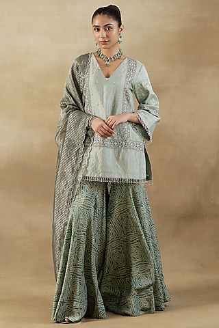 Green Tissue Bandhani Printed Gharara Set by SHALKII