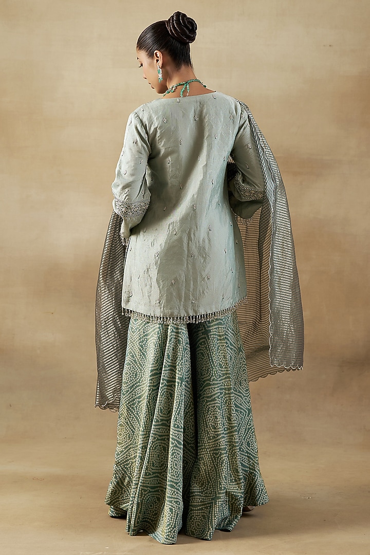 Green Tissue Bandhani Printed Gharara Set by SHALKII at Pernia's Pop Up Shop