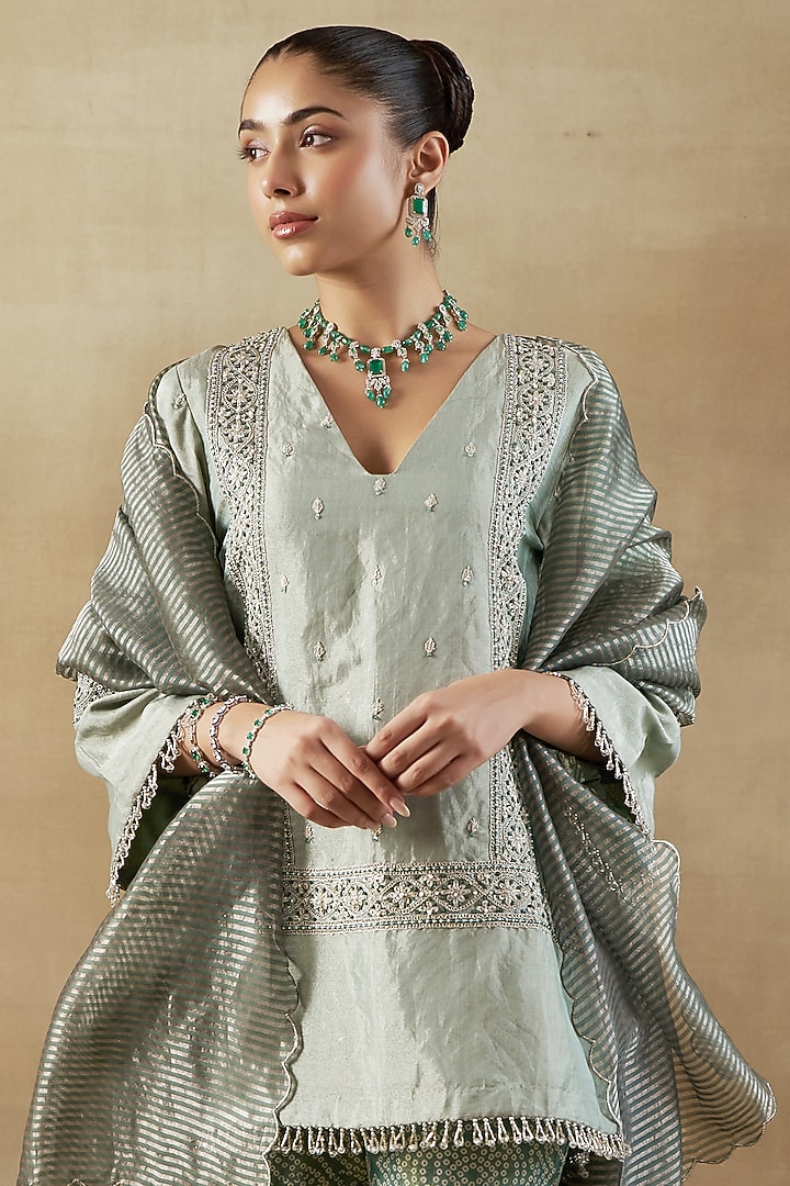 Green Tissue Bandhani Printed Gharara Set by SHALKII at Pernia's Pop Up Shop