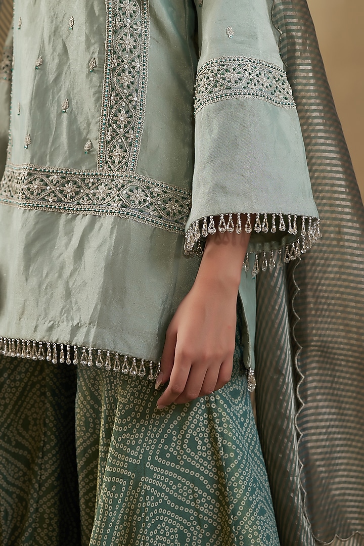 Green Tissue Bandhani Printed Gharara Set by SHALKII at Pernia's Pop Up Shop