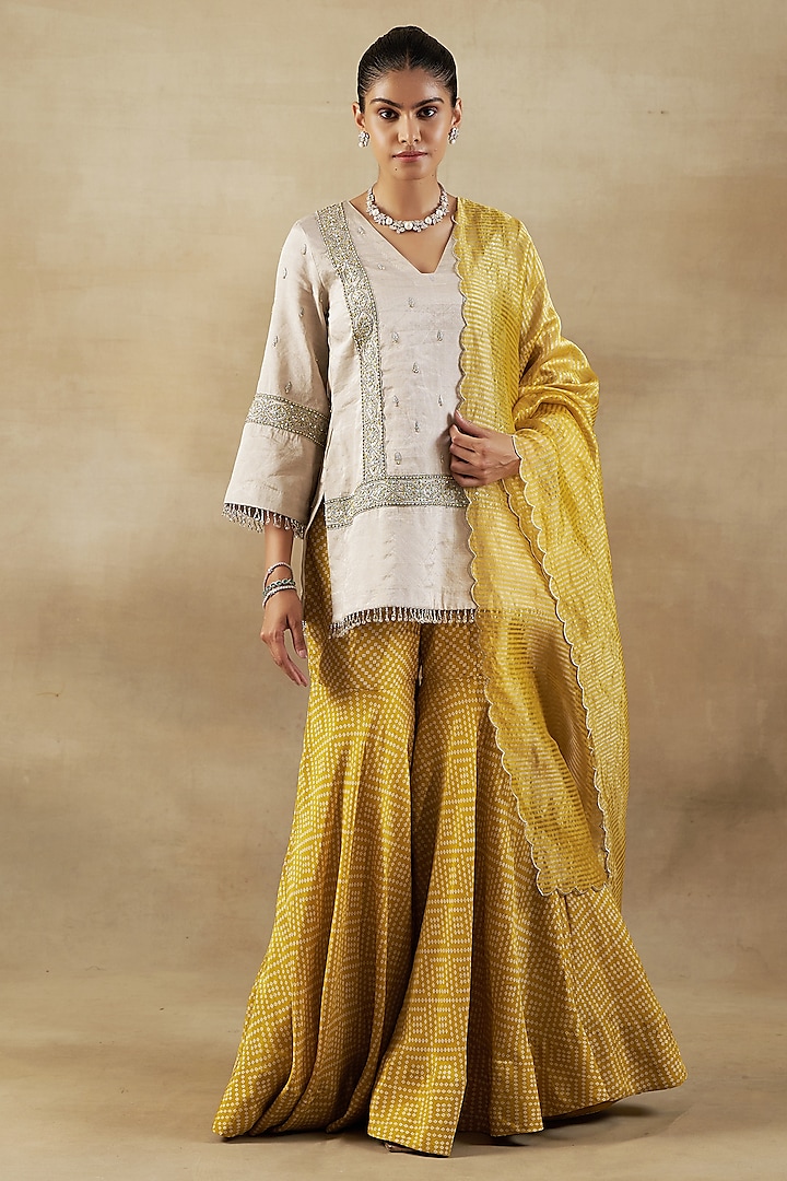 Yellow Tissue Bandhani Printed Gharara Set by SHALKII at Pernia's Pop Up Shop