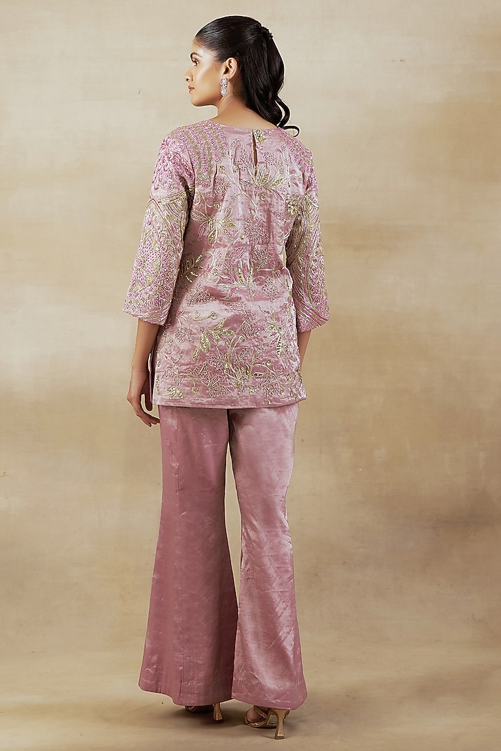 Pink Pure Handwoven Tissue Zari Fabric Embroidered Co-Ord Set by SHALKII at Pernia's Pop Up Shop