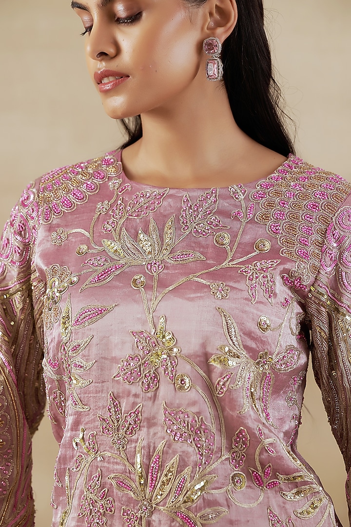 Pink Pure Handwoven Tissue Zari Fabric Embroidered Co-Ord Set by SHALKII at Pernia's Pop Up Shop