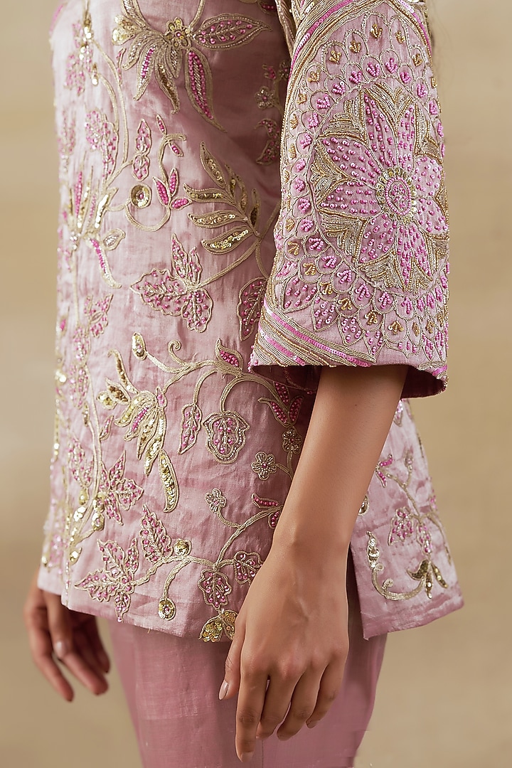 Pink Pure Handwoven Tissue Zari Fabric Embroidered Co-Ord Set by SHALKII at Pernia's Pop Up Shop