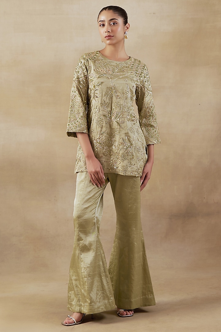 Green Pure Handwoven Tissue Zari Fabric Embroidered Co-Ord Set by SHALKII at Pernia's Pop Up Shop