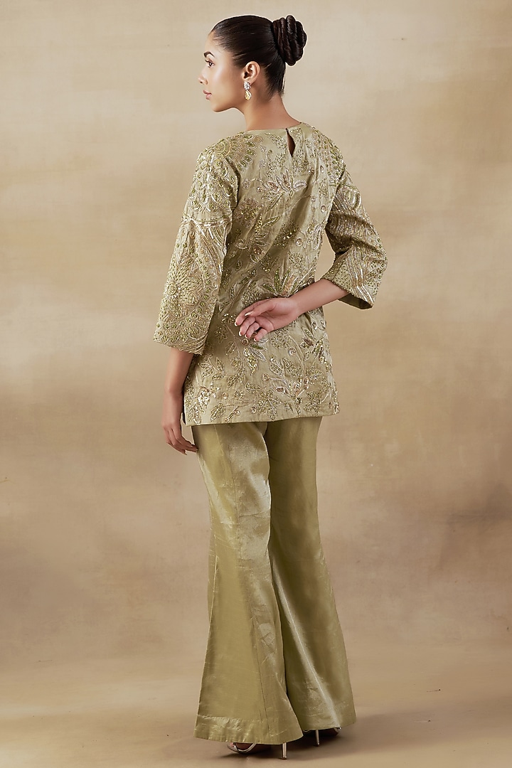 Green Pure Handwoven Tissue Zari Fabric Embroidered Co-Ord Set by SHALKII at Pernia's Pop Up Shop