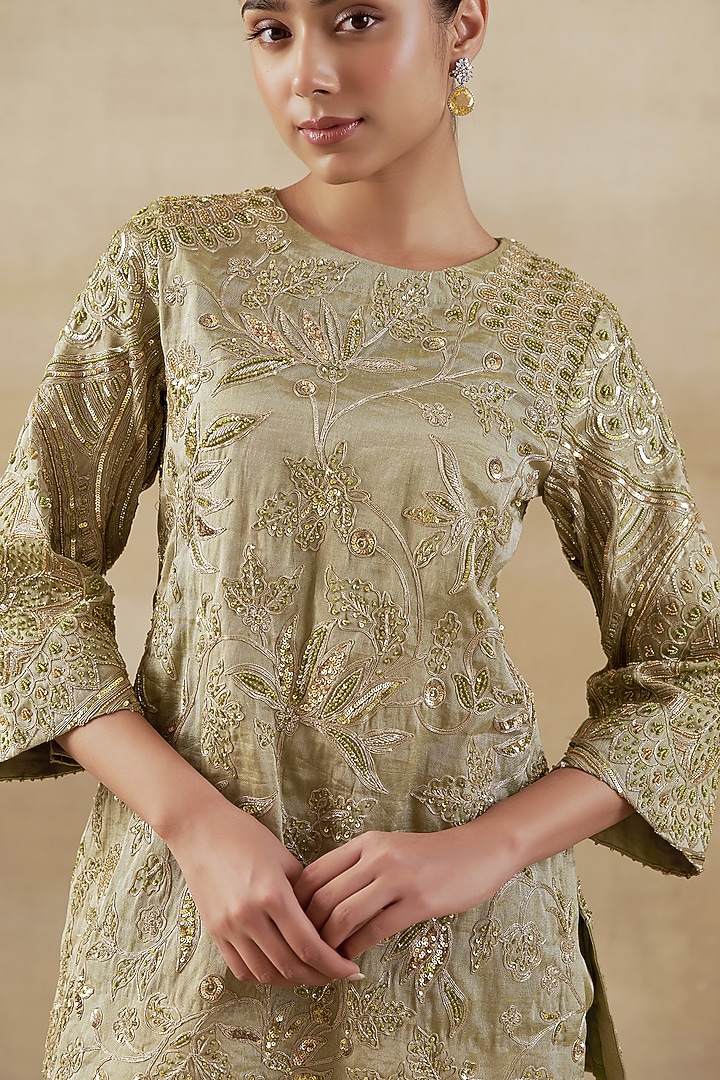 Green Pure Handwoven Tissue Zari Fabric Embroidered Co-Ord Set by SHALKII at Pernia's Pop Up Shop