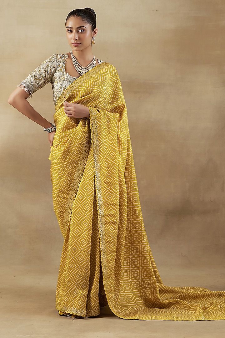 Yellow Bandhani Tissue Saree Set by SHALKII at Pernia's Pop Up Shop