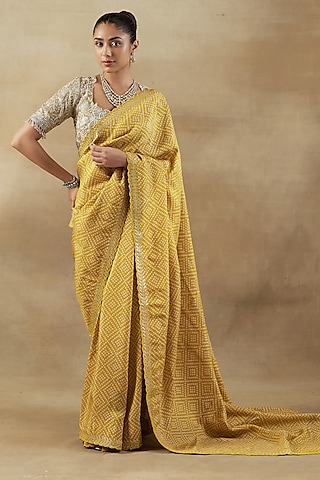Yellow Bandhani Tissue Saree Set by SHALKII