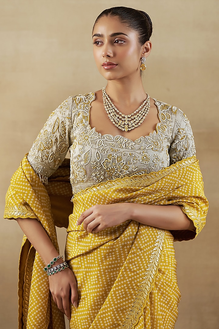 Yellow Bandhani Tissue Wedding Saree Set by SHALKII at Pernia's Pop Up Shop