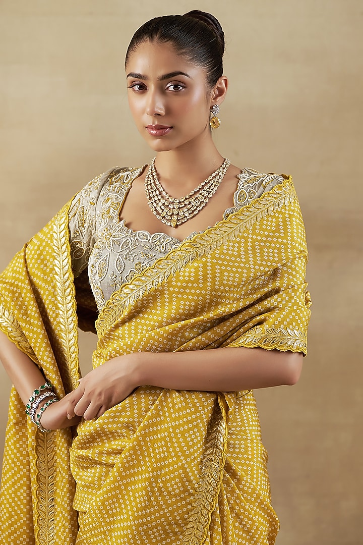 Yellow Bandhani Tissue Wedding Saree Set by SHALKII at Pernia's Pop Up Shop